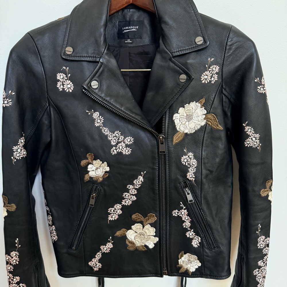 LAMARQUE Floral Embroidered Black Leather Moto Jacket XS - Picture 7 of 11